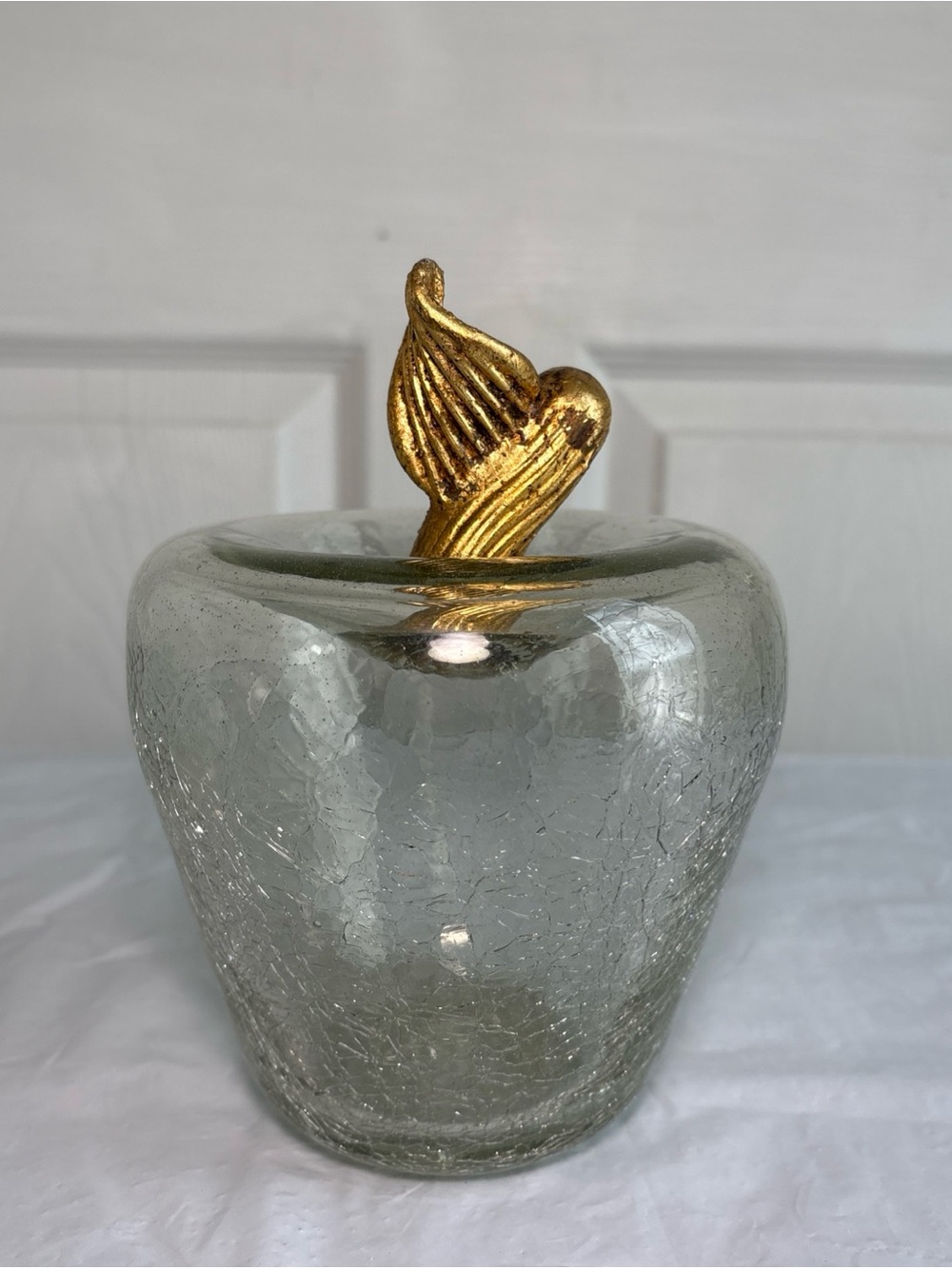 Vintage Crackle Glass Apple with Gold Stem 7” paperweight fall decor Art Glass